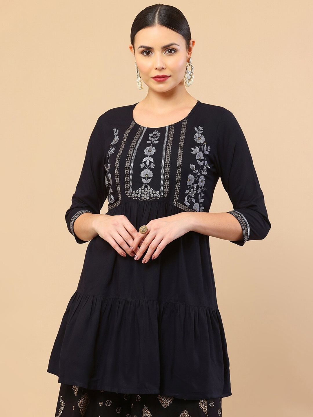 

Soch Women Navy Blue & White Viscose Rayon Embroidered Tunic