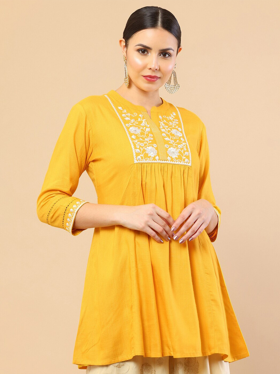 

Soch Women Yellow & White Embroidered Rayon Tunic