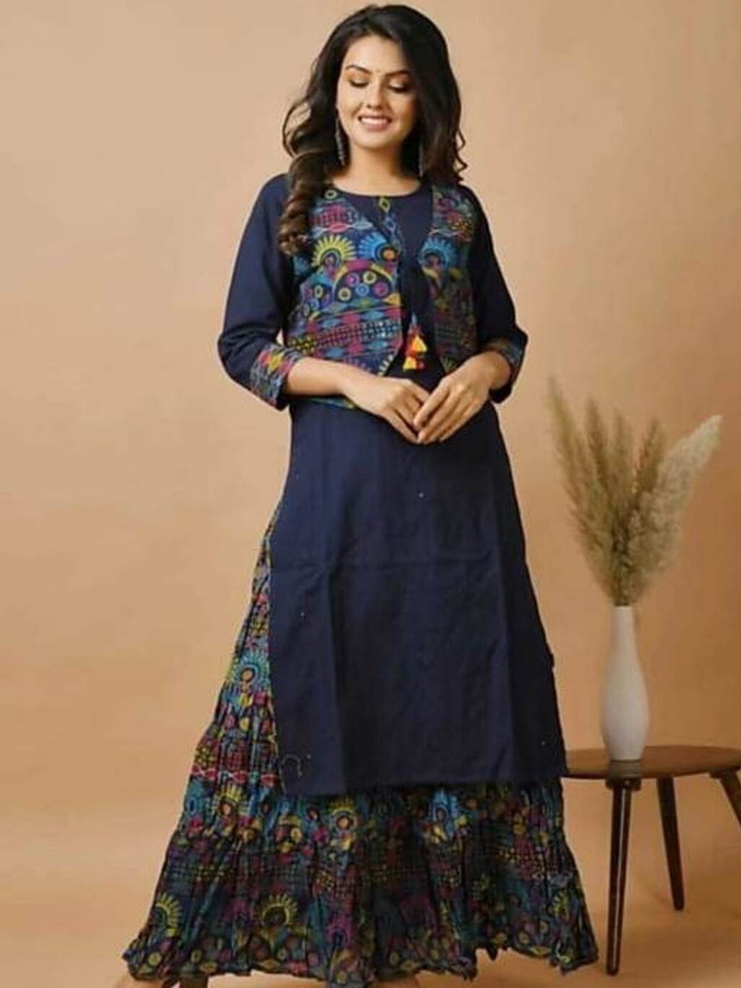 

RUHAZAT Women Blue Ethnic Motifs Printed Kurta with Skirt & With Jacket