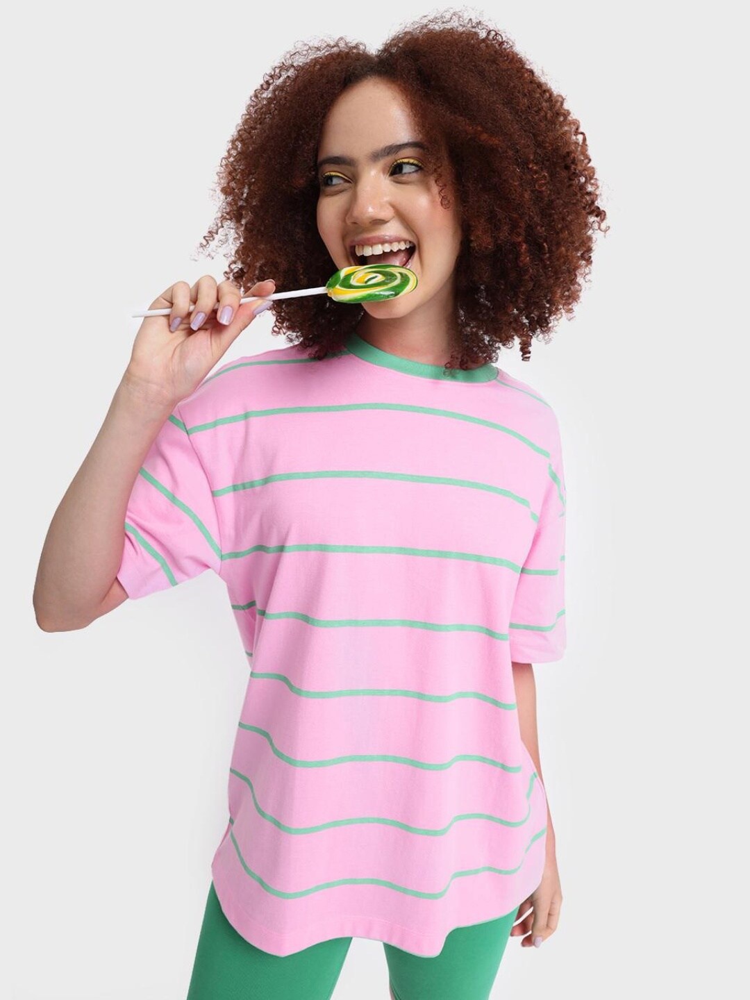 

Bewakoof Plus Women Pink & Green Striped Drop-Shoulder Sleeves Loose T-shirt