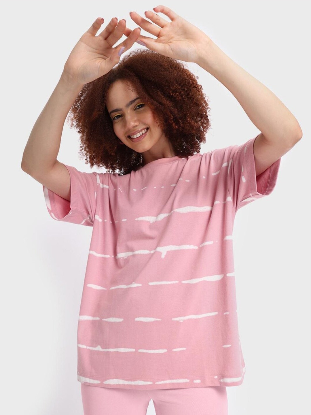 

Bewakoof Plus Women Plus Size Pink & White Printed Loose T-shirt