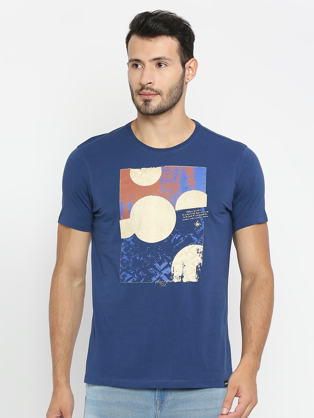 

SPYKAR Men Blue & Cream-Coloured Printed Slim Fit T-shirt