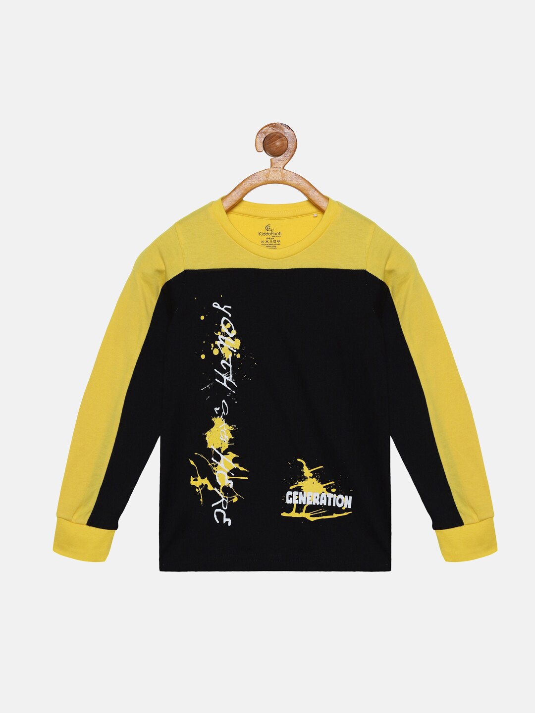 

KiddoPanti Boys Black & Yellow Typography Printed Cotton T-shirt