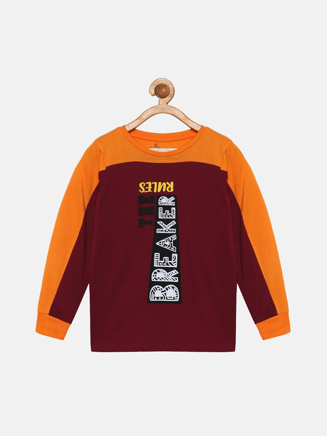 

KiddoPanti Boys Maroon & Orange Typography Printed Cotton T-shirt