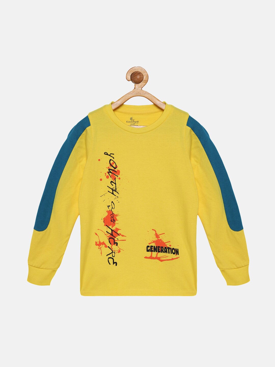 

KiddoPanti Boys Yellow & Teal Blue Typography Printed Cotton T-shirt