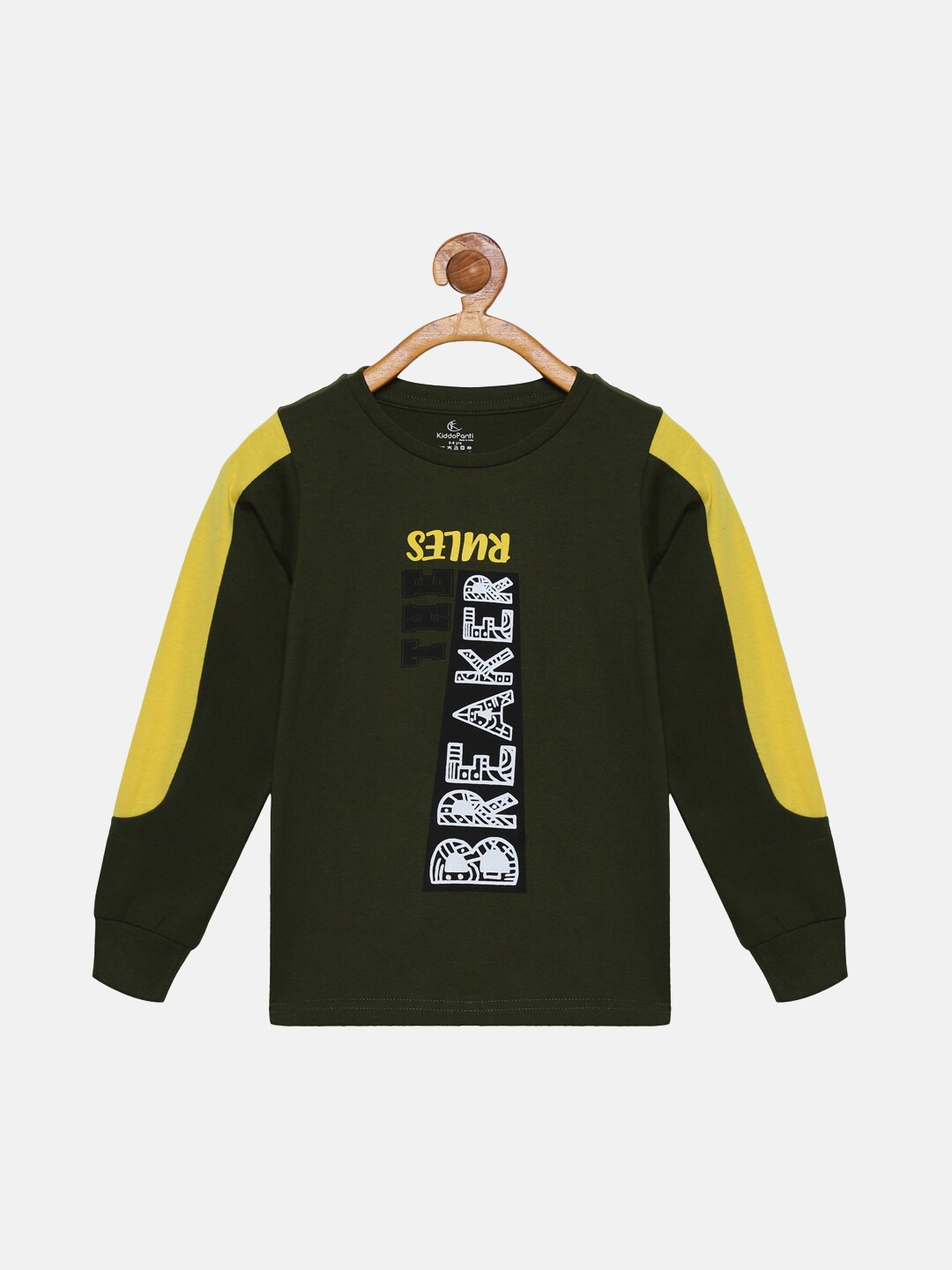 

KiddoPanti Boys Olive Green & Yellow Typography Printed Cotton T-shirt