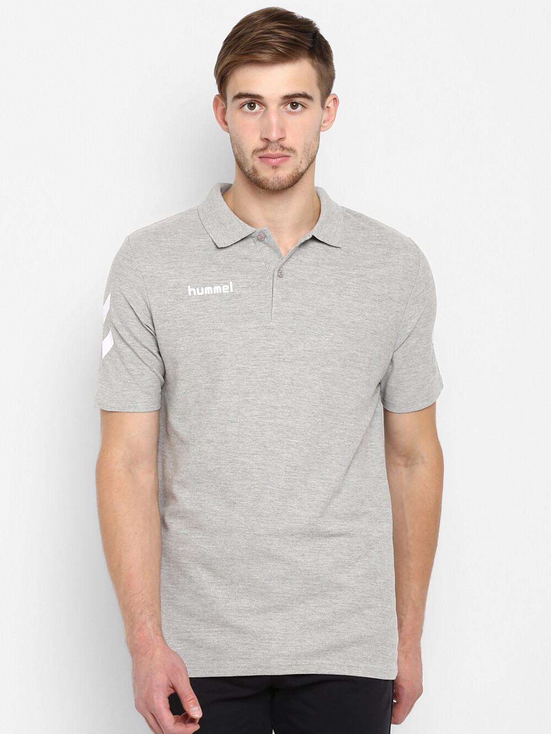 

hummel Men Grey Polo Collar Cotton T-shirt