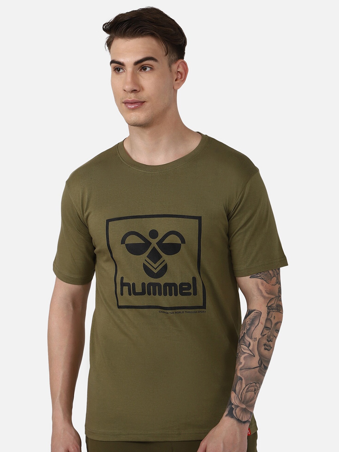 

hummel Men Olive Green Typography Printed T-shirt