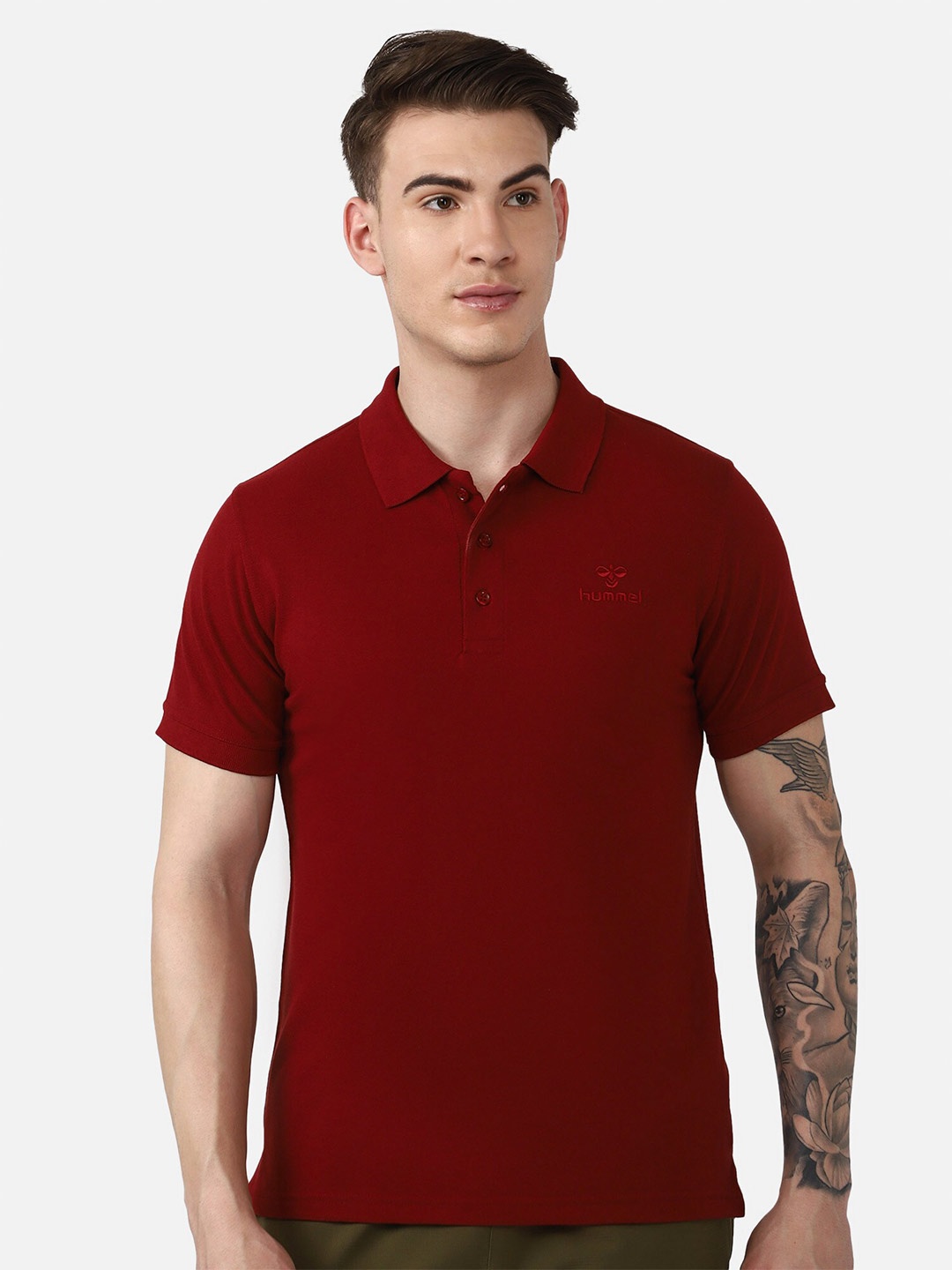 

hummel Men Red Polo Collar T-shirt