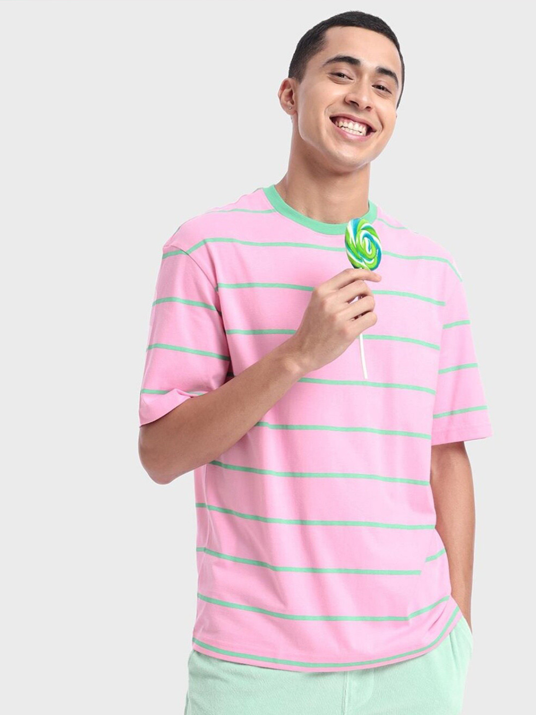 

Bewakoof Plus Plus Size Men Pink & Green Striped Loose T-shirt