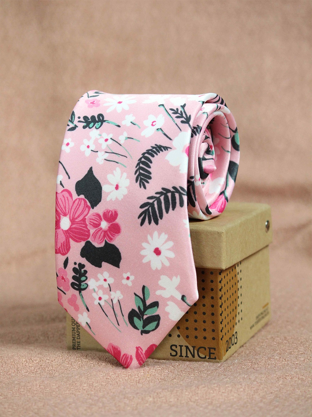 

Tossido Men Pink & Black Floral Printed Microfiber Broad Tie