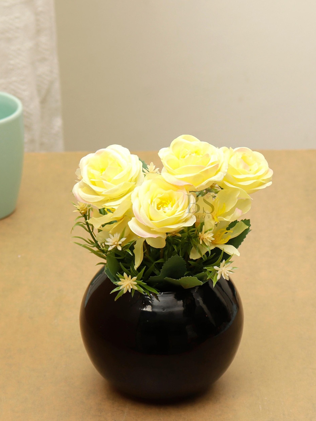 

BS AMOR Yellow & Green Rose Artificial Flowers With Pot