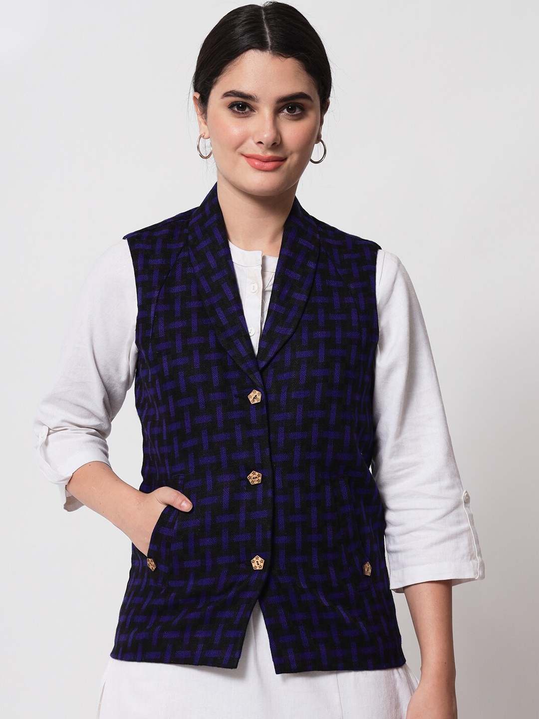 

Vastraa Fusion Women Blue Woven-design Woolen Nehru Jacket