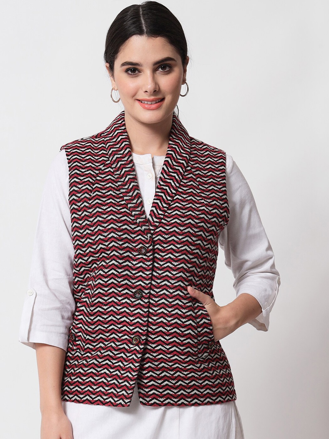 

Vastraa Fusion Women Red & Black Woven Design Pure Wool Nehru Jacket