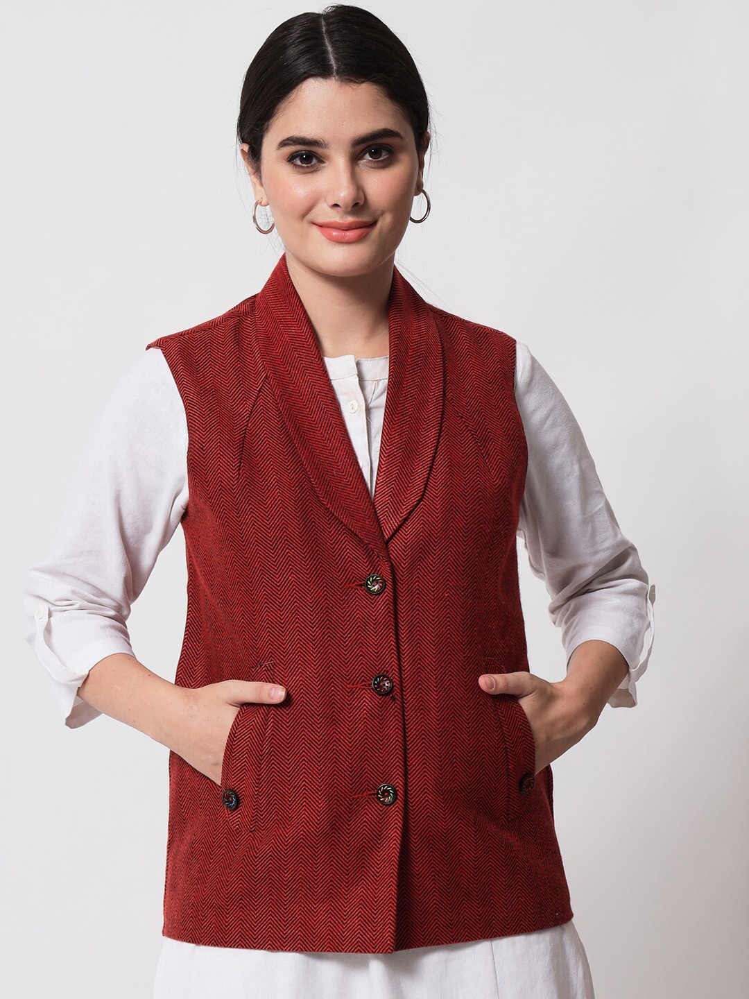 

Vastraa Fusion Women Maroon Woven-design Woolen Nehru Jacket