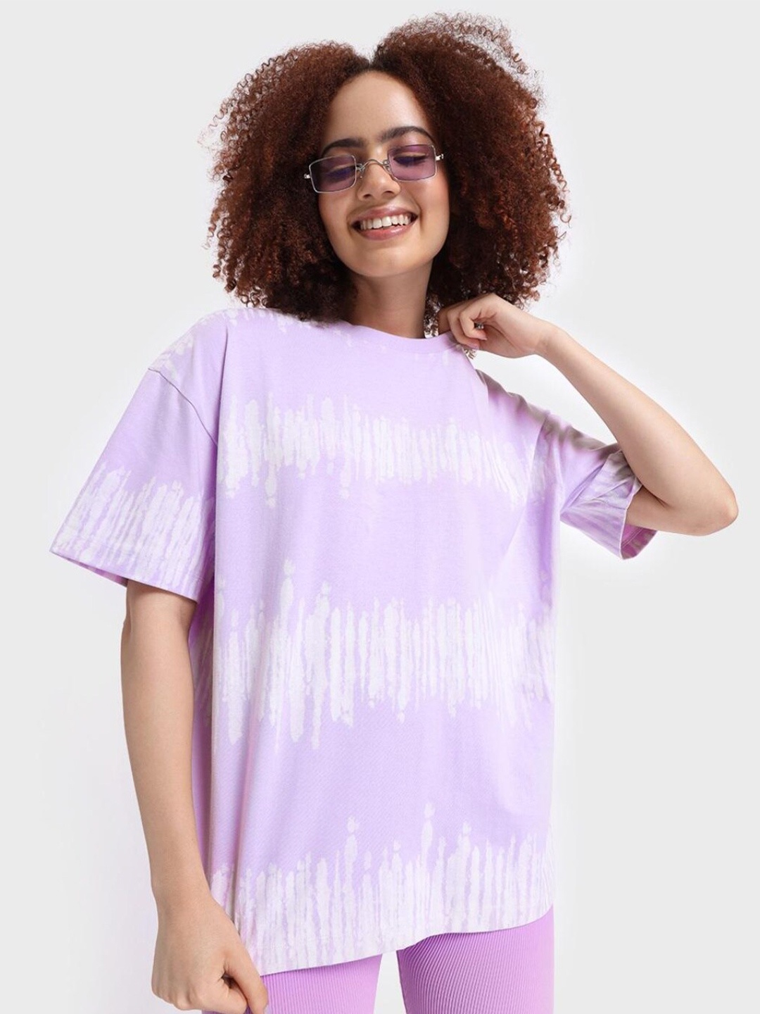 

Bewakoof Women Purple & White Tie and Dye Extended Sleeves Loose T-shirt