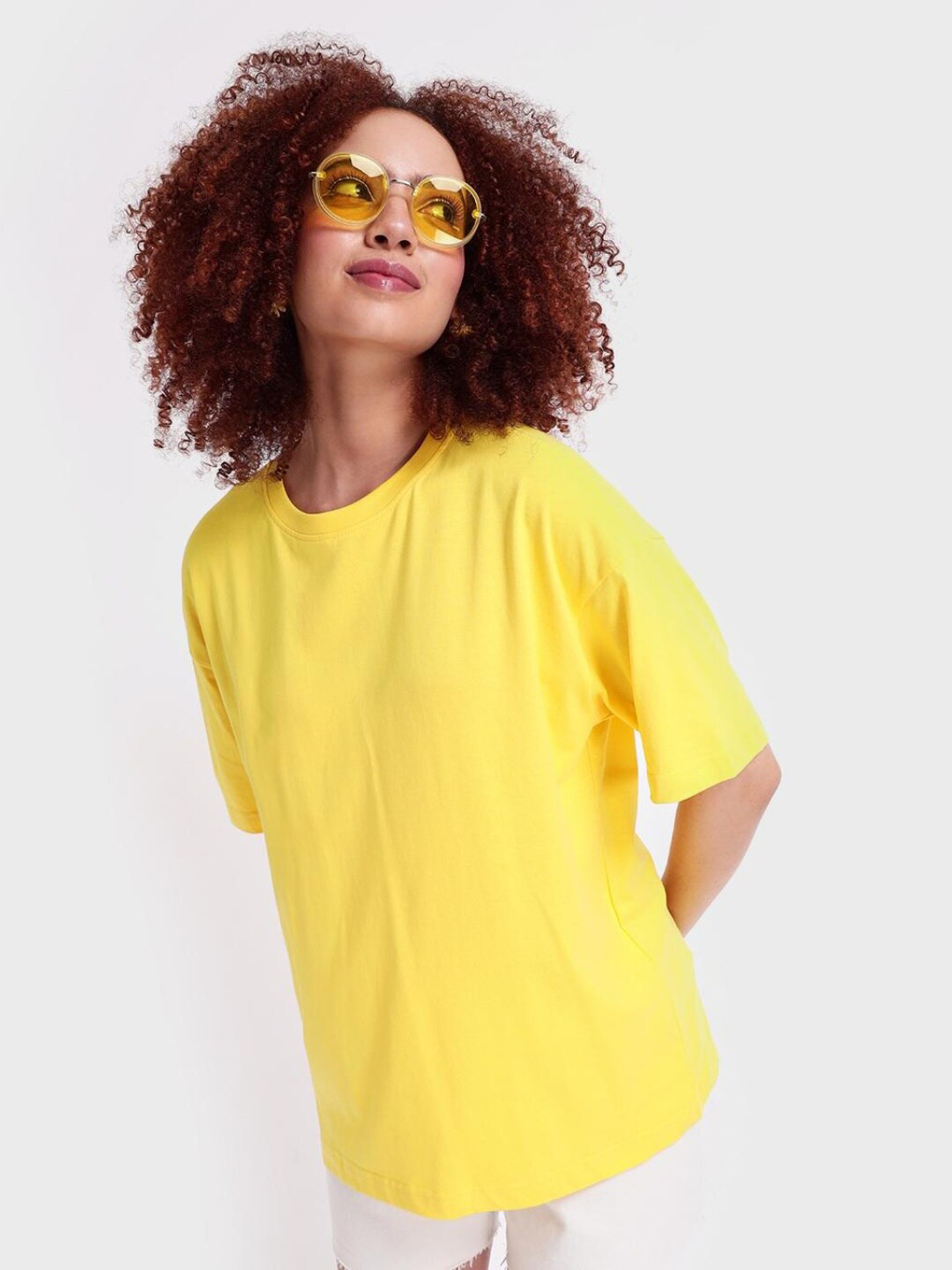 

Bewakoof Women Yellow Drop-Shoulder Sleeves Oversized Cotton T-shirt