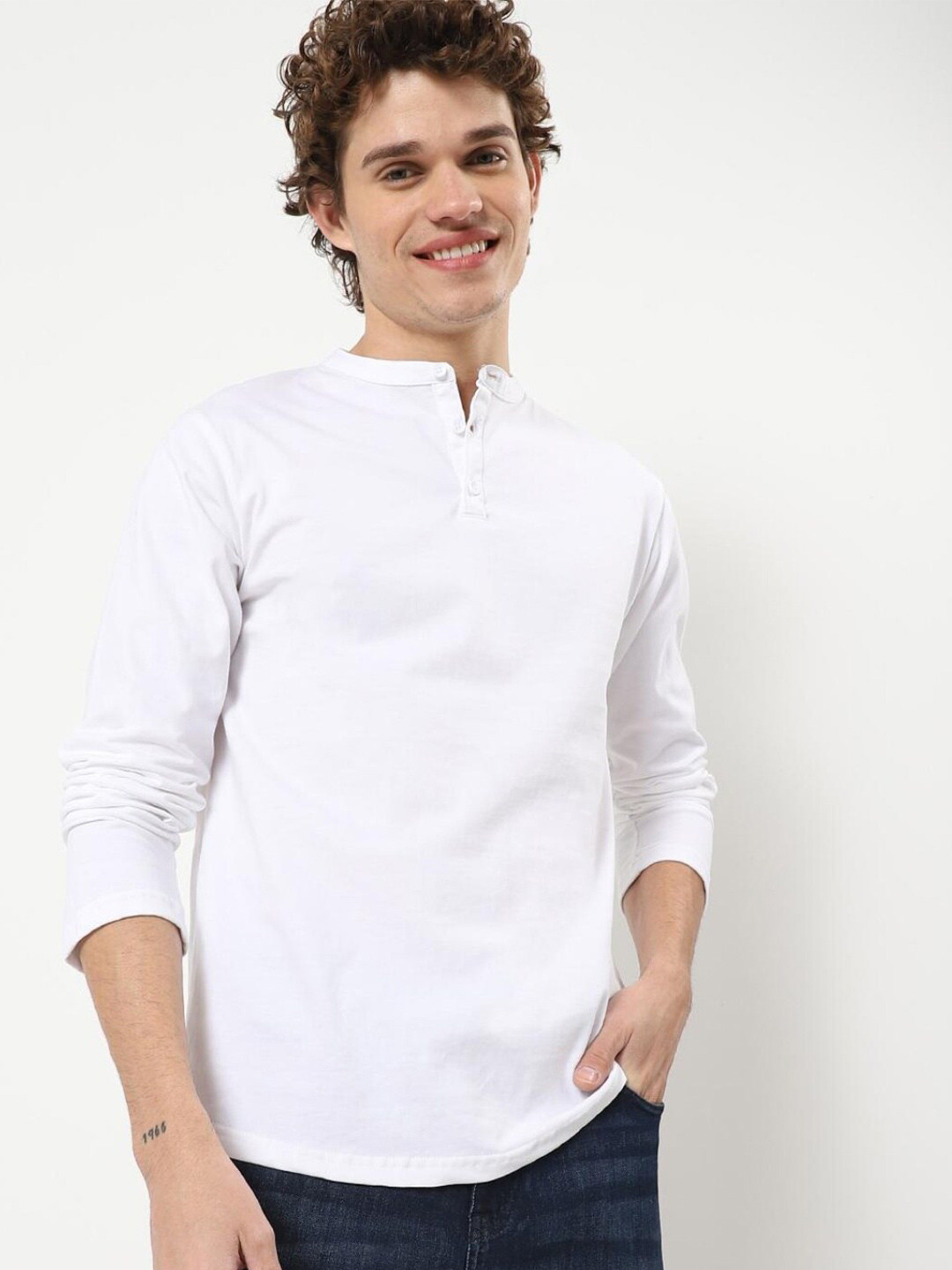 

Bewakoof Men White Henley Neck Cotton T-shirt