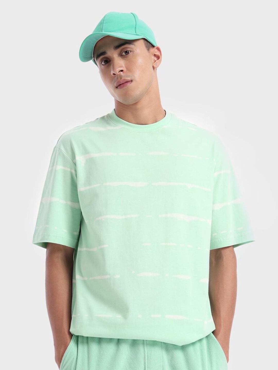 

Bewakoof Men Sea Green Striped Loose T-shirt