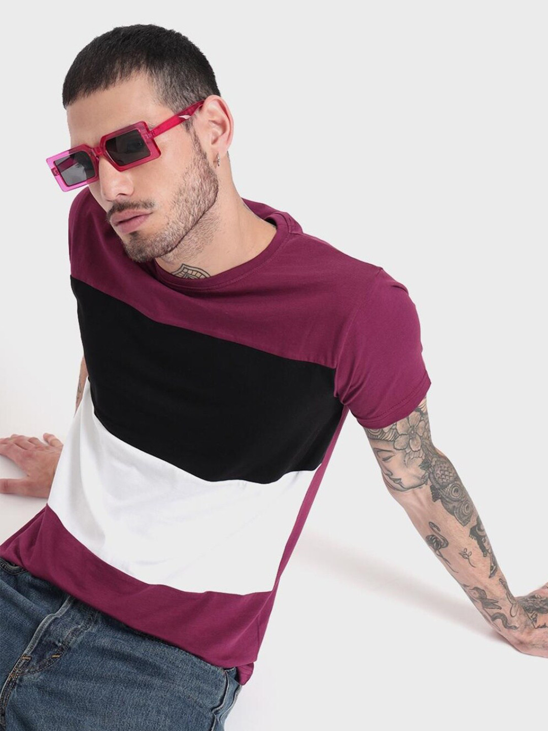 

Bewakoof Men Purple & White Colourblocked T-shirt