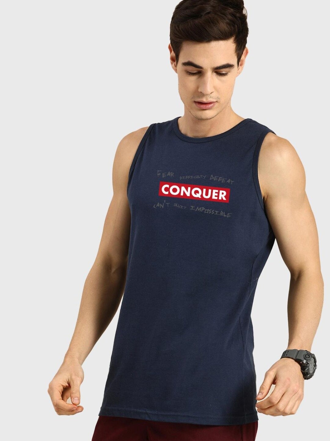 

Bewakoof Men Navy Blue Printed Cotton Innerwear Vest