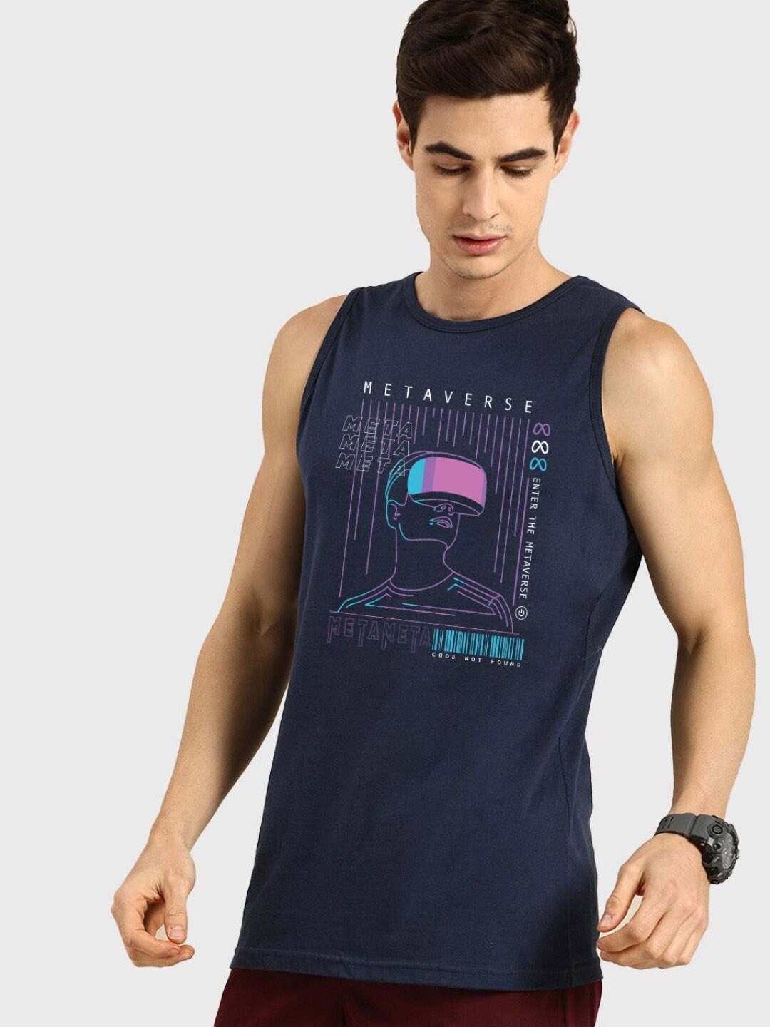 

Bewakoof Men Navy Blue & Pink Printed Cotton Innerwear Vest