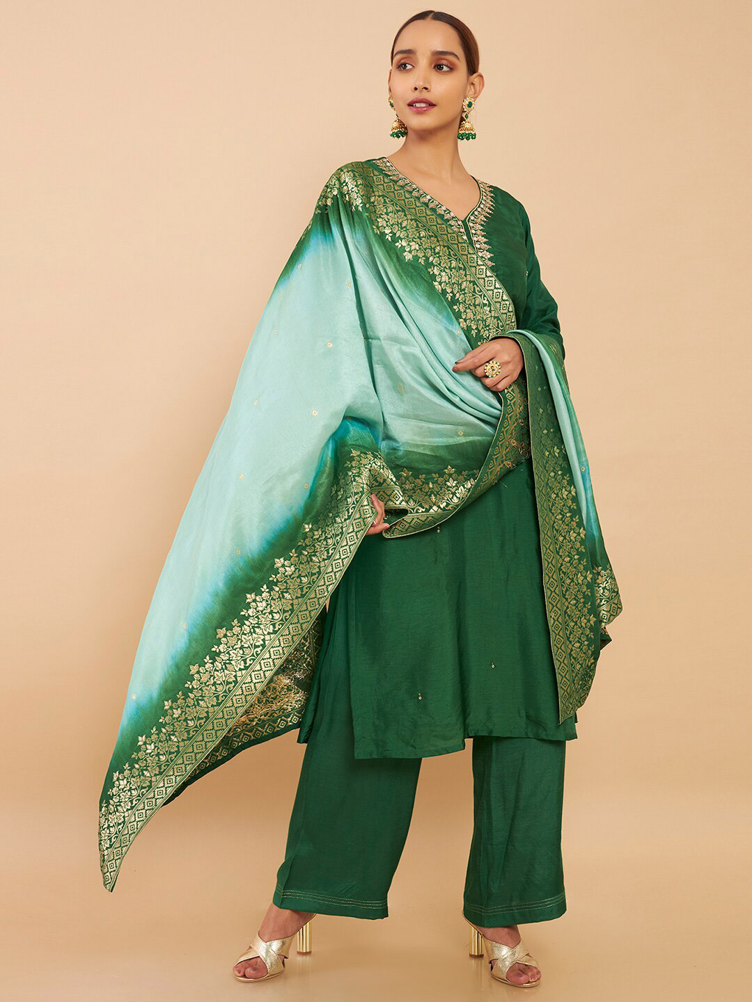 

Soch Green & Gold-Toned Embroidered Art Silk Unstitched Dress Material