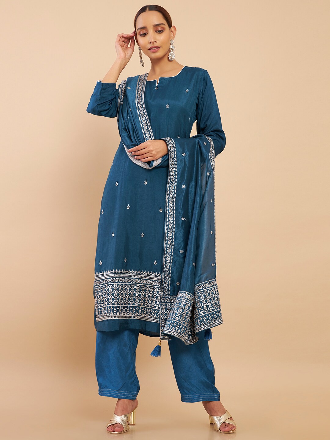 

Soch Blue & Gold-Toned Embroidered Art Silk Unstitched Dress Material