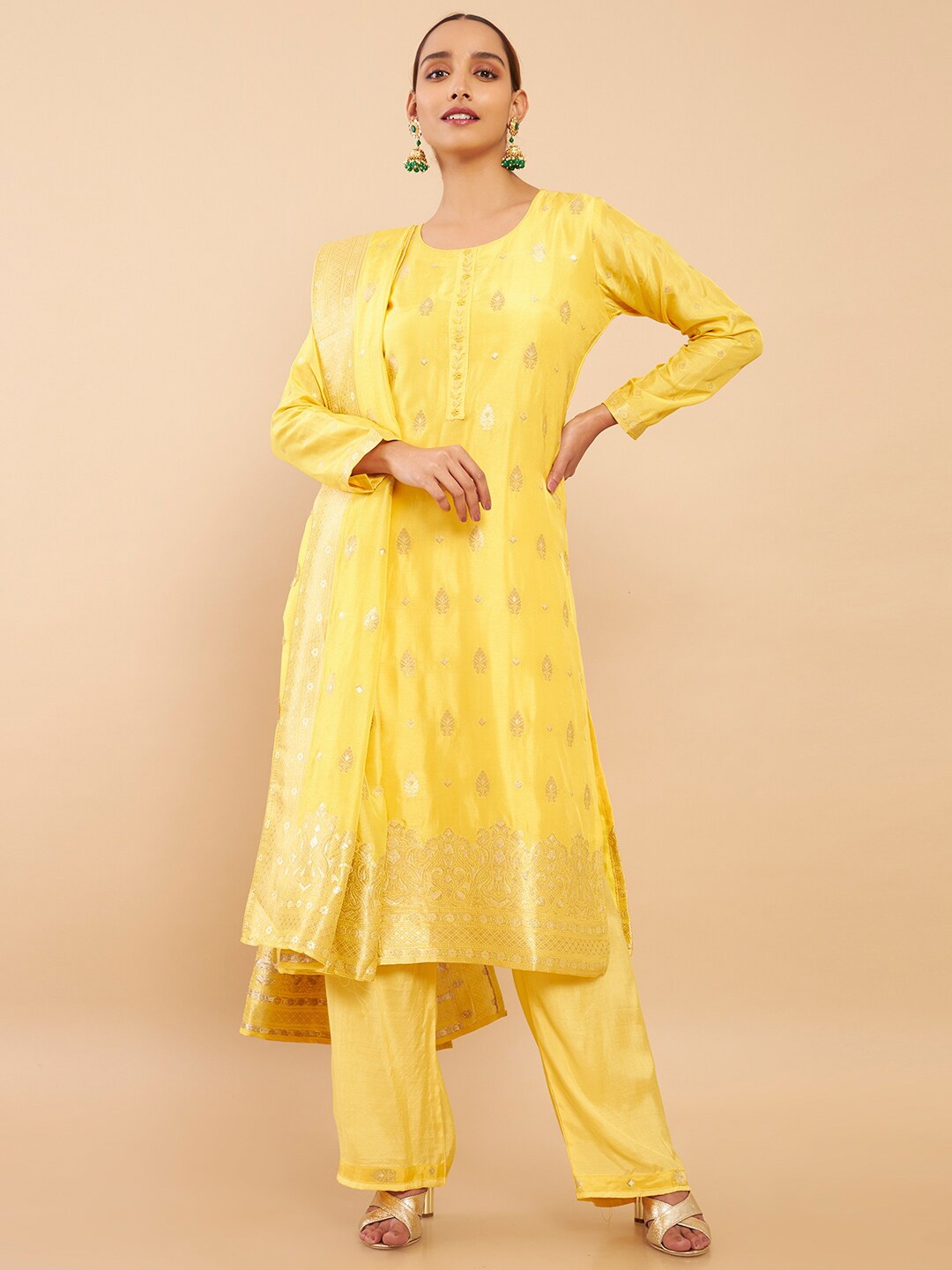 

Soch Yellow & Gold-Toned Embroidered Art Silk Unstitched Dress Material