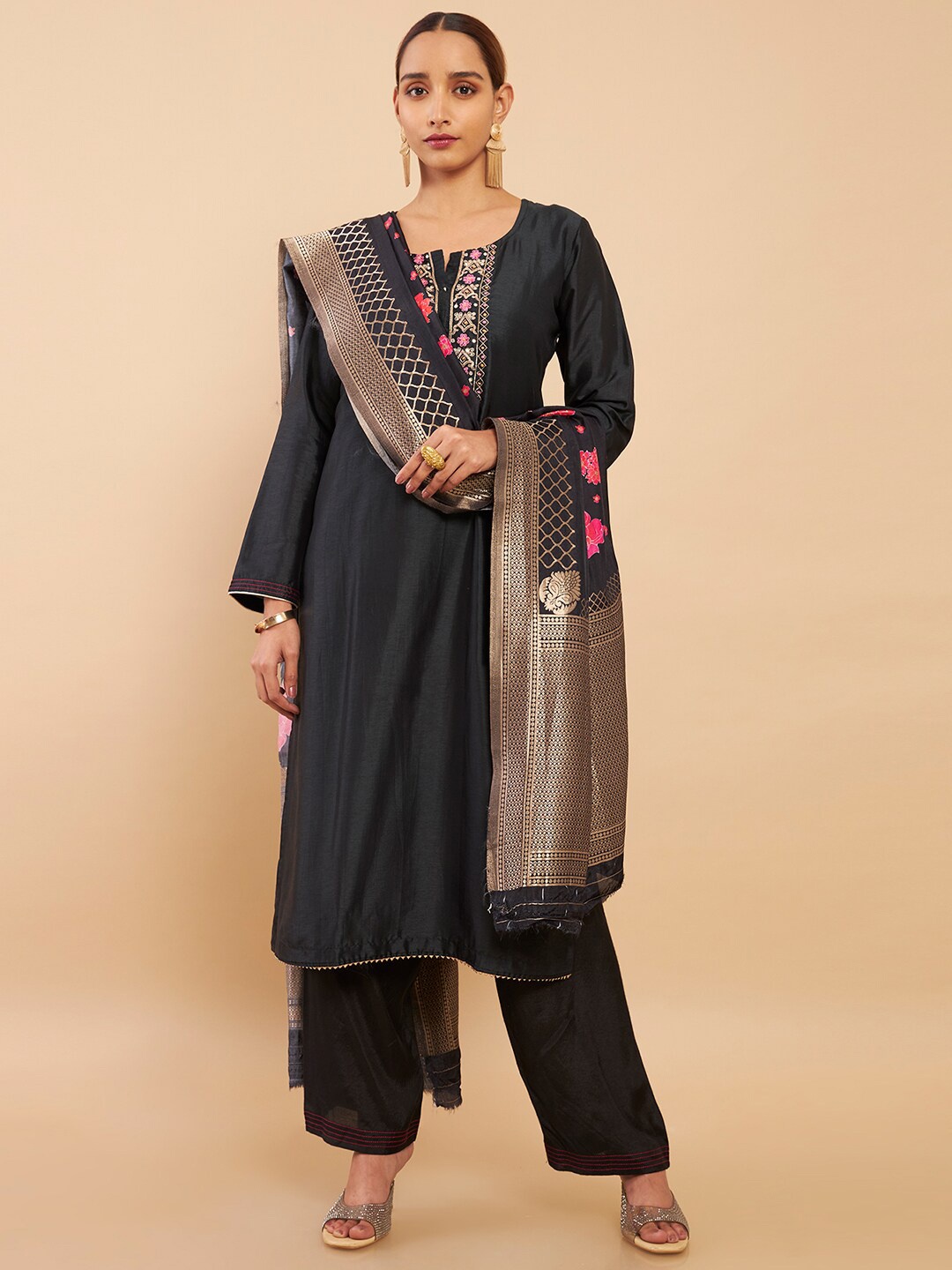 

Soch Black & Pink Embroidered Art Silk Unstitched Dress Material