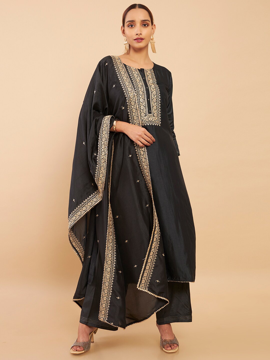 

Soch Black & Gold-Toned Embroidered Art Silk Unstitched Dress Material