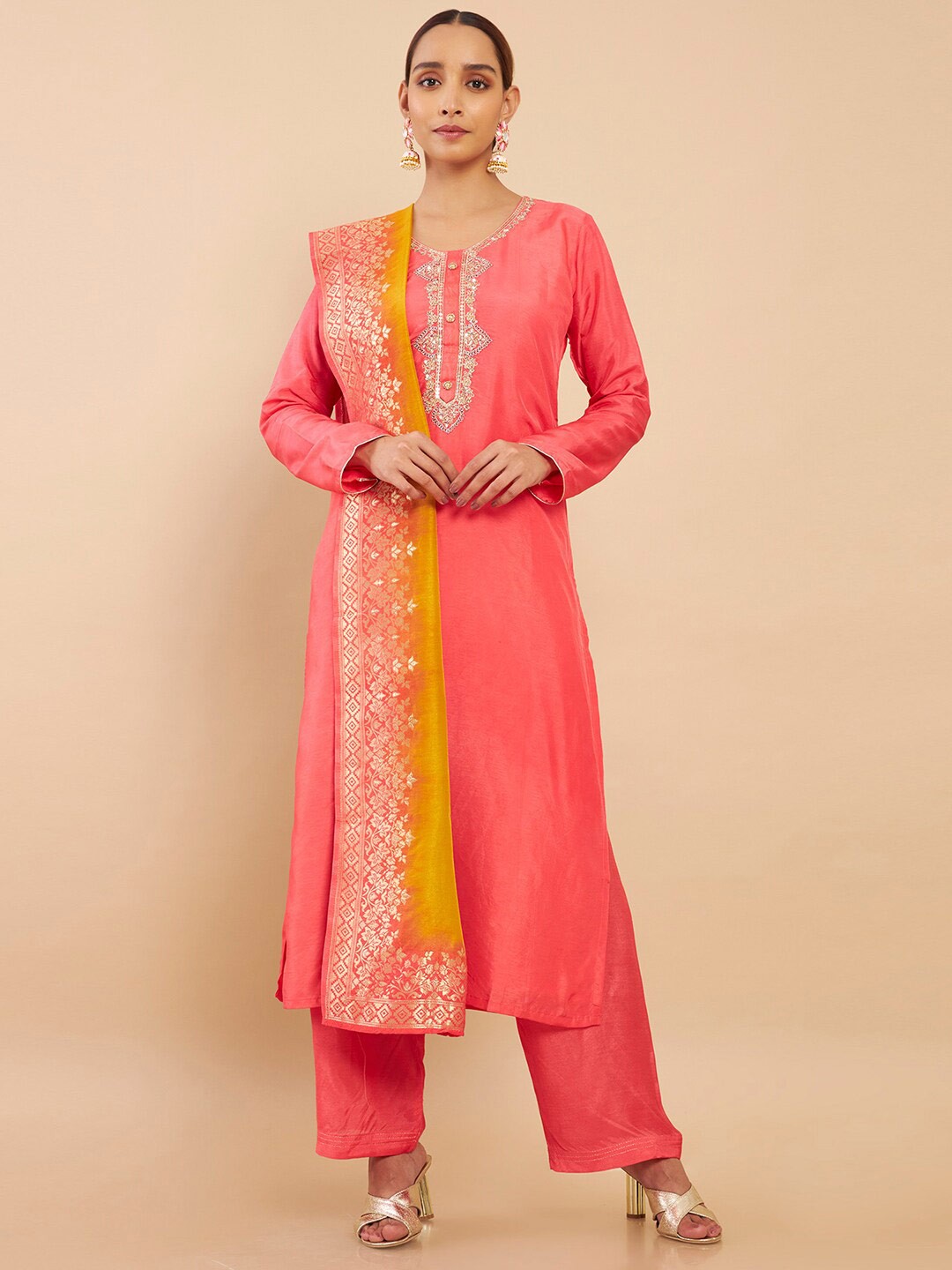 

Soch Coral & Mustard Embroidered Art Silk Unstitched Dress Material