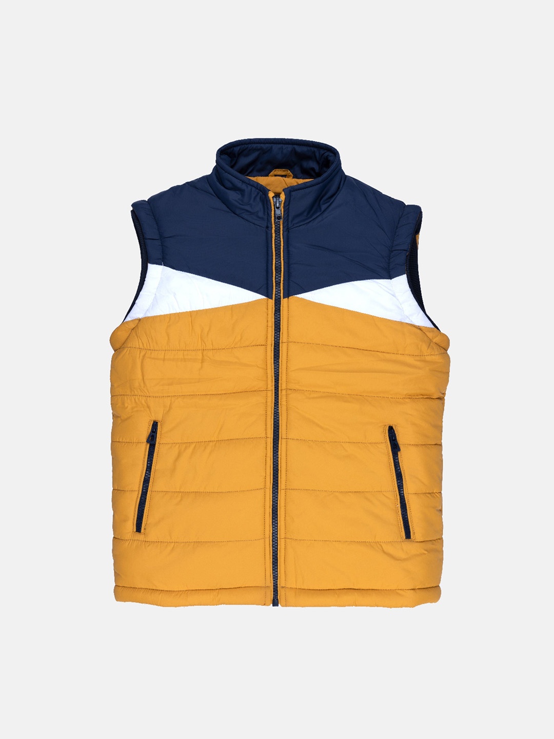 

Status Quo Boys Yellow Blue Colourblocked High Neck Sleeveless Padded Jacket