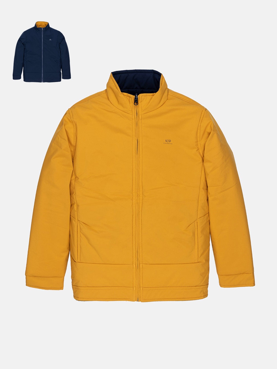 

Status Quo Boys Yellow Navy Blue Reversible High Neck Padded Jacket