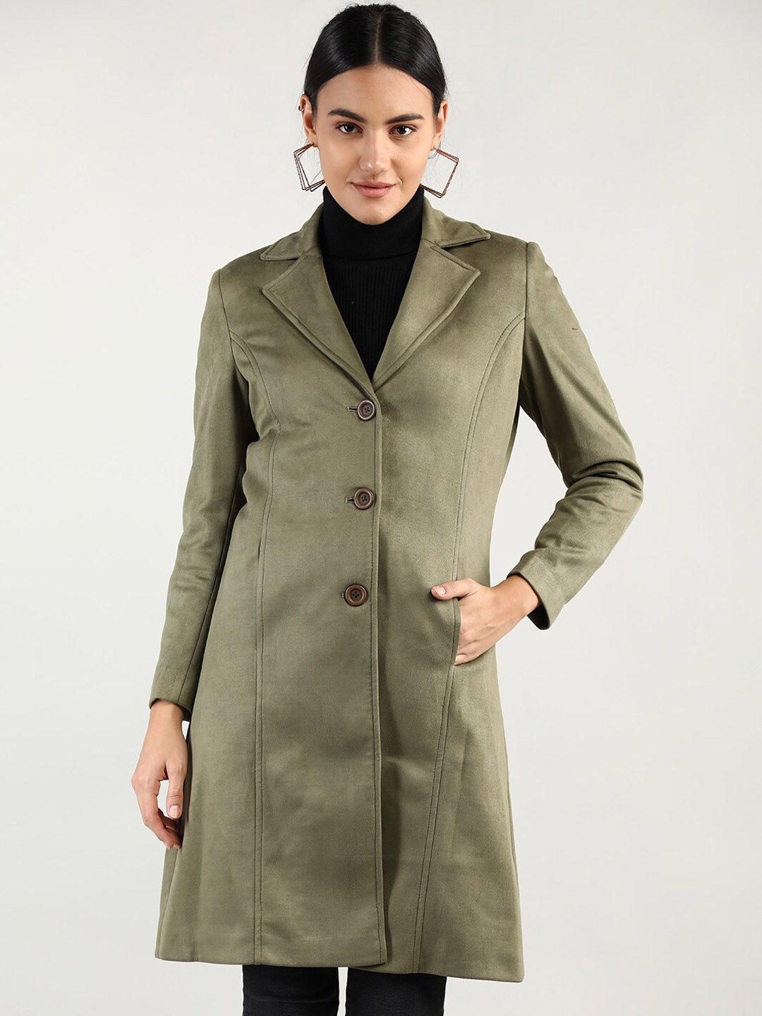 

LURE URBAN Women Olive-Green Solid Trench Coats