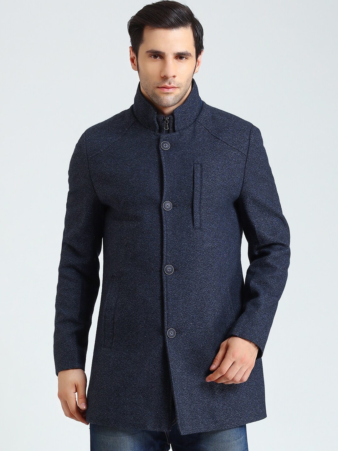 

LURE URBAN Men Navy Blue Solid Single Breasted Woolen Trench coat