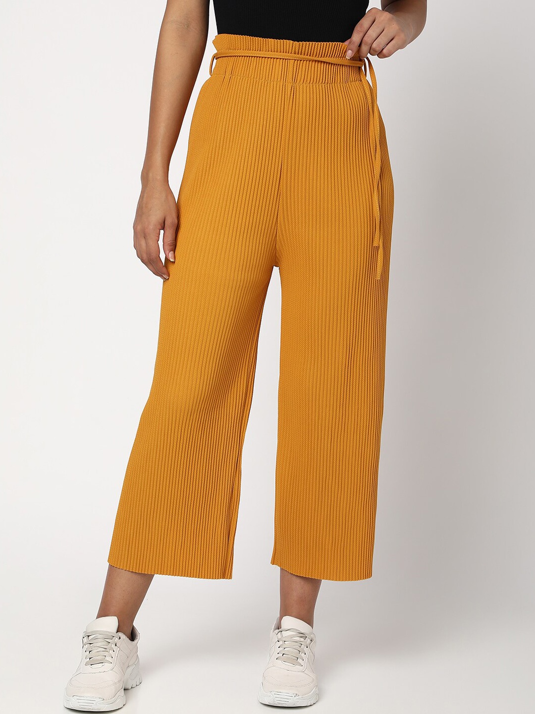 

SPYKAR Women Mustard Yellow Loose Fit Pleated Cotton Trousers
