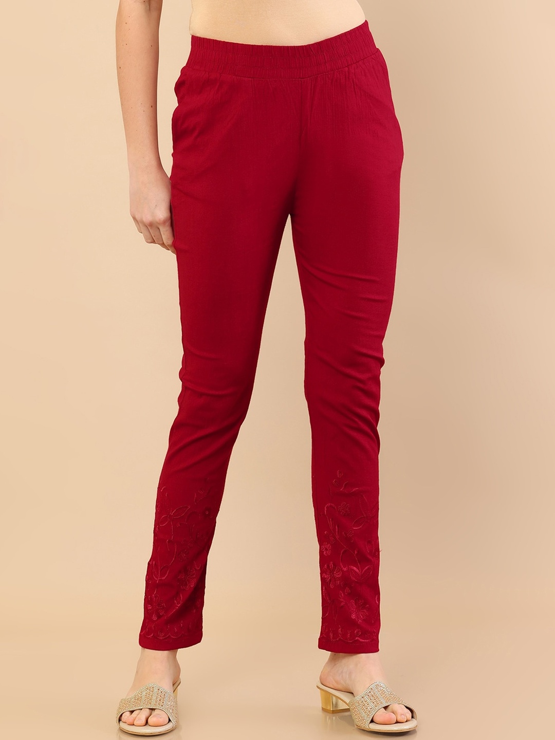 

Soch Women Red High-Rise Trousers With Floral Embroidery