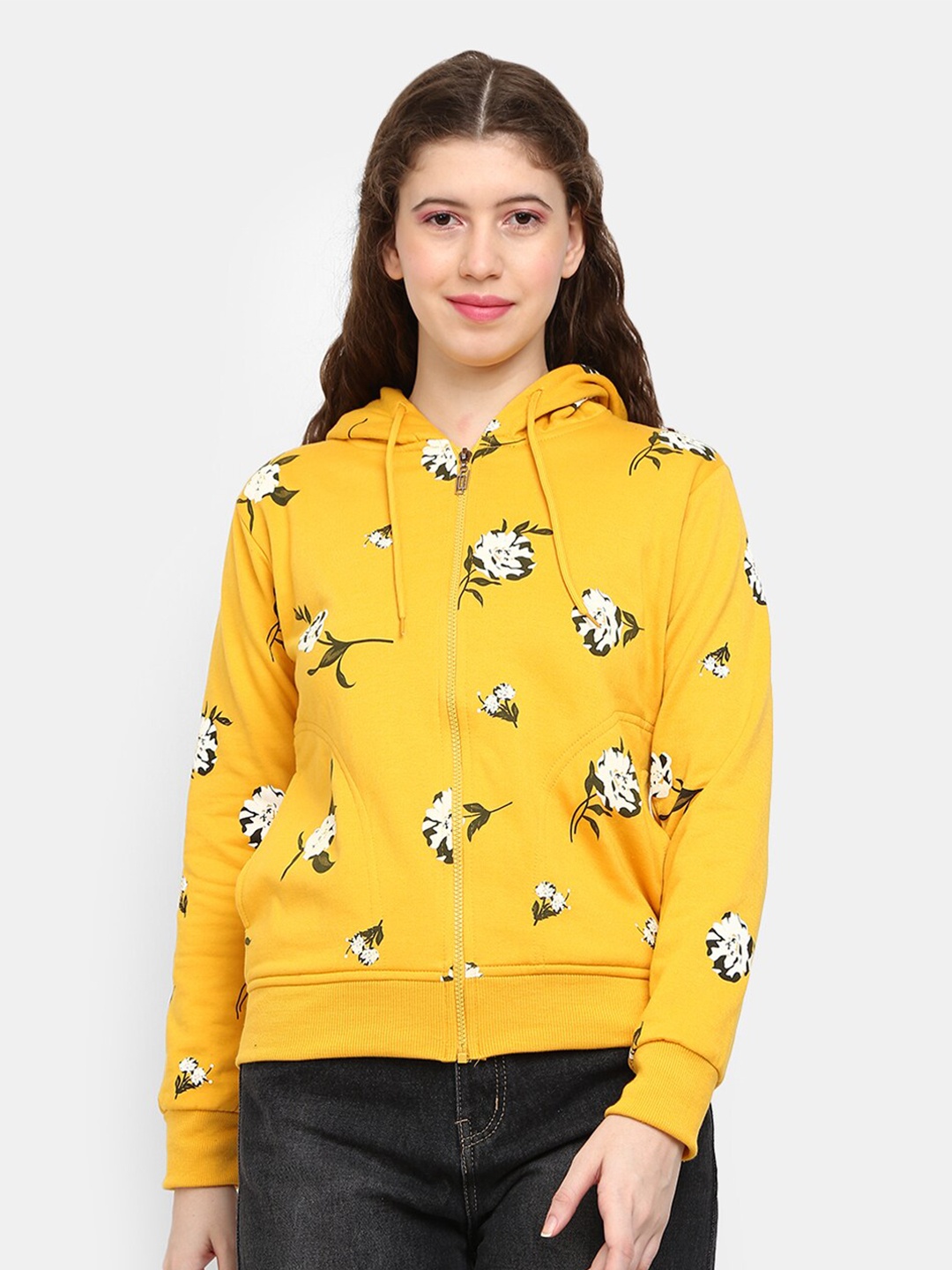 

V-Mart Women Mustard Printed Hooded Sweatshirt