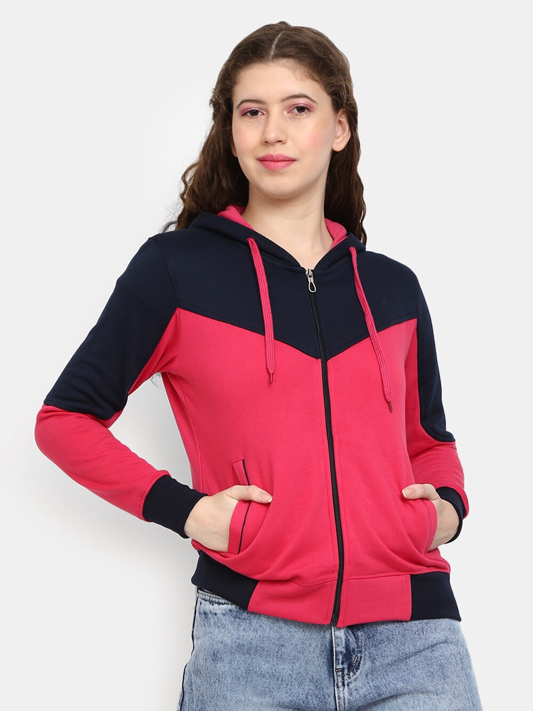 

V-Mart Women Fuchsia Colourblocked Hooded Sweatshirt