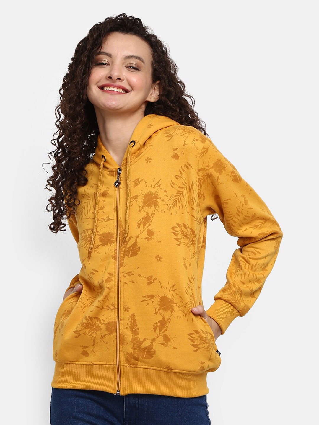 

V-Mart Women Mustard Printed Hooded Sweatshirt