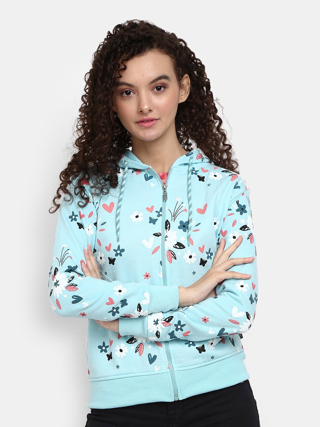 

V-Mart Women Blue Printed Hooded Sweatshirt