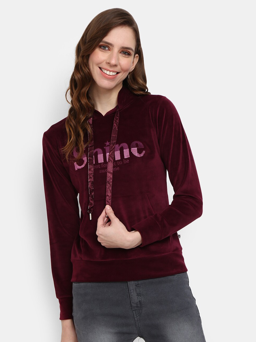 

V-Mart Women Burgundy Printed Hooded Sweatshirt