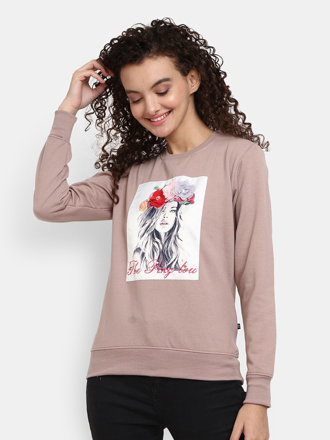 

V-Mart Women Pink Western Printed Fleece Round Neck Sweatshirt