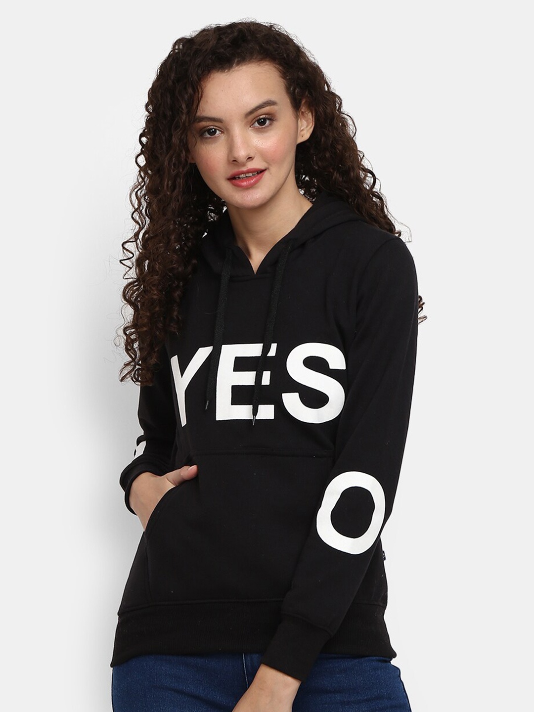 

V-Mart Women Black Printed Hooded Sweatshirt