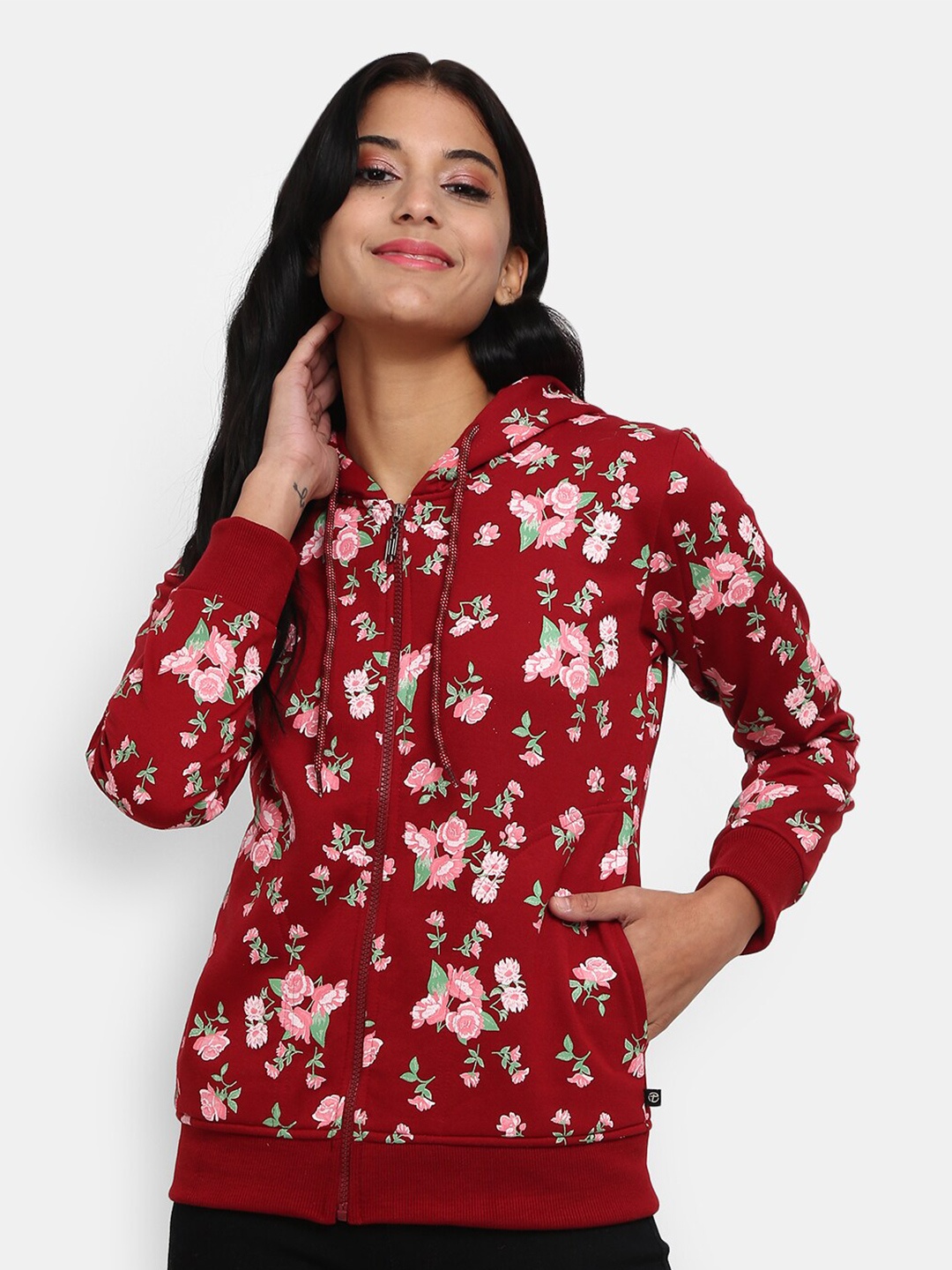 

V-Mart Women Maroon Printed Hooded Sweatshirt