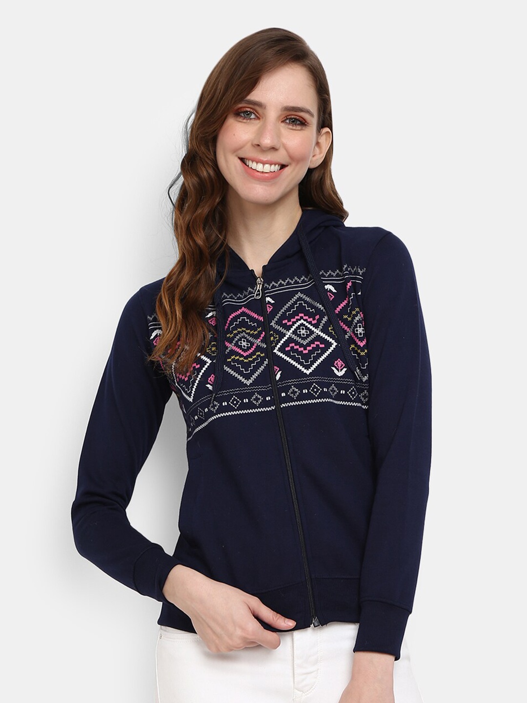 

V-Mart Women Navy Blue Printed Hooded Sweatshirt