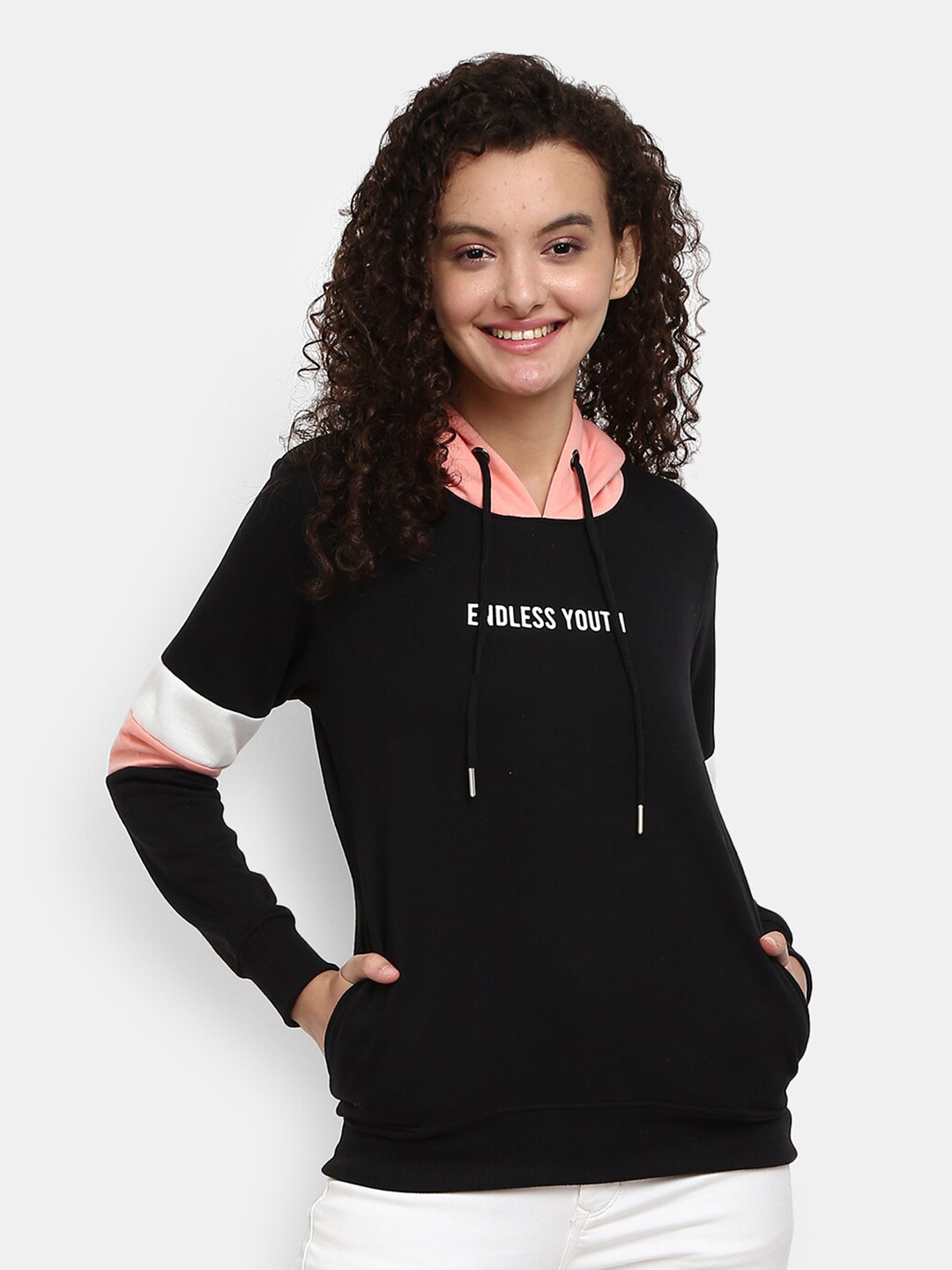 

V-Mart Women Black Colourblocked Hooded Sweatshirt