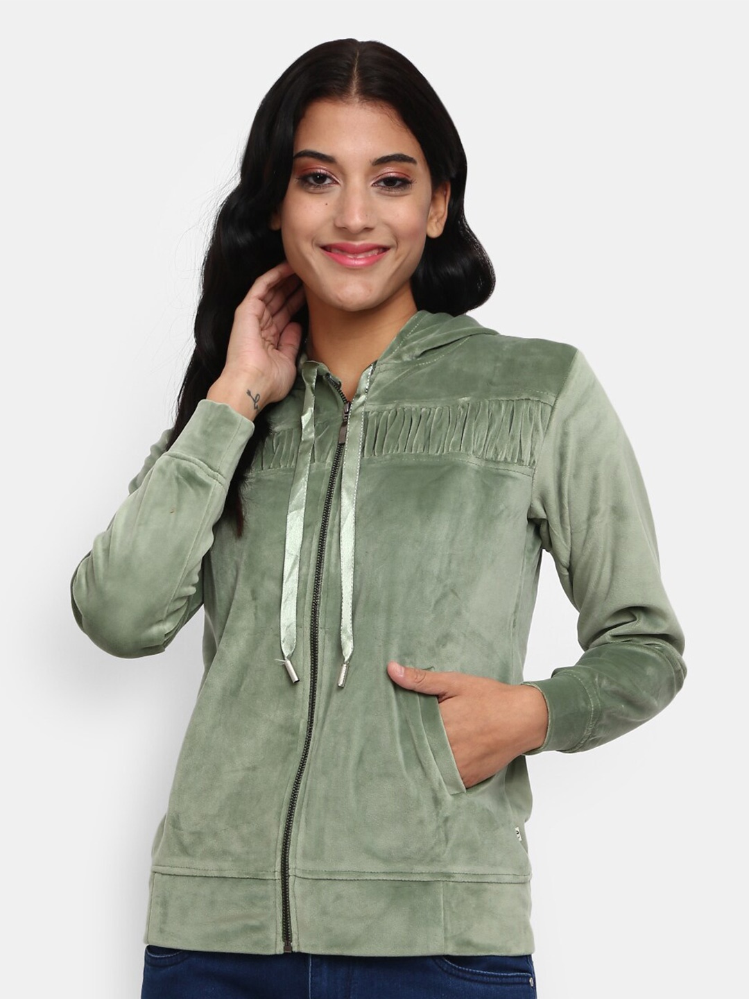 

V-Mart Women Green Printed Hooded Sweatshirt