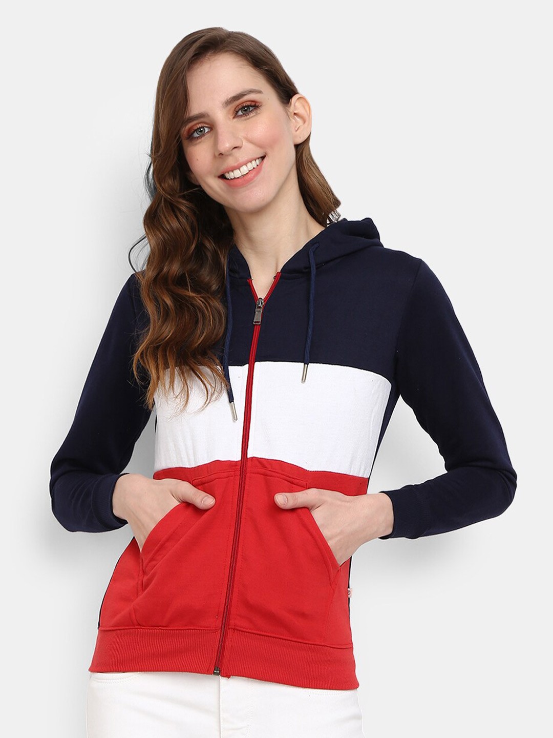 

V-Mart Women Navy Blue Colourblocked Hooded Sweatshirt